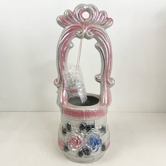 Vintage Mid Century Lusterware Pink Floral Wishing Well Planter & Water Bucket - Picture 3 of 16
